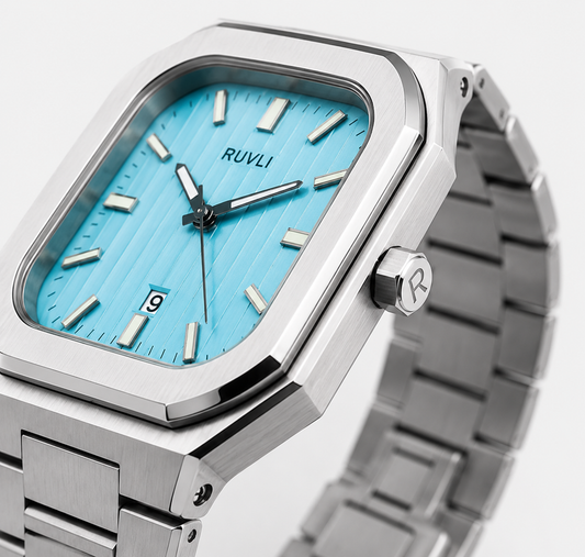 RUVLI Men's Stainless Steel Quartz Watch Blue Dial Date Display 5ATM