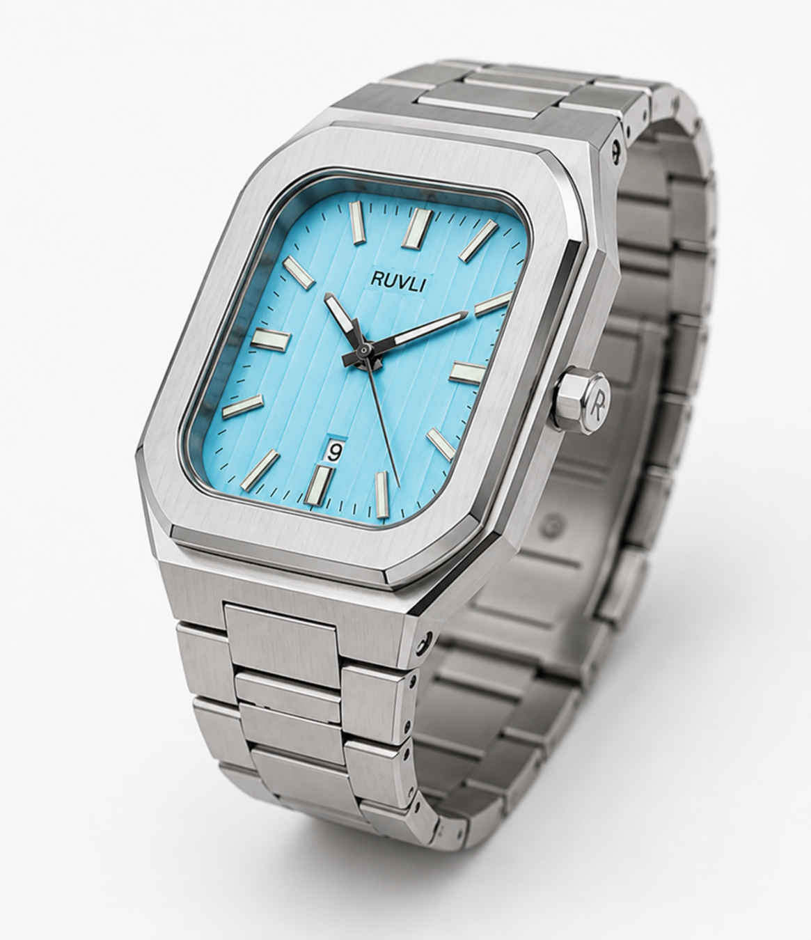 RUVLI Men's Stainless Steel Quartz Watch Blue Dial Date Display 5ATM