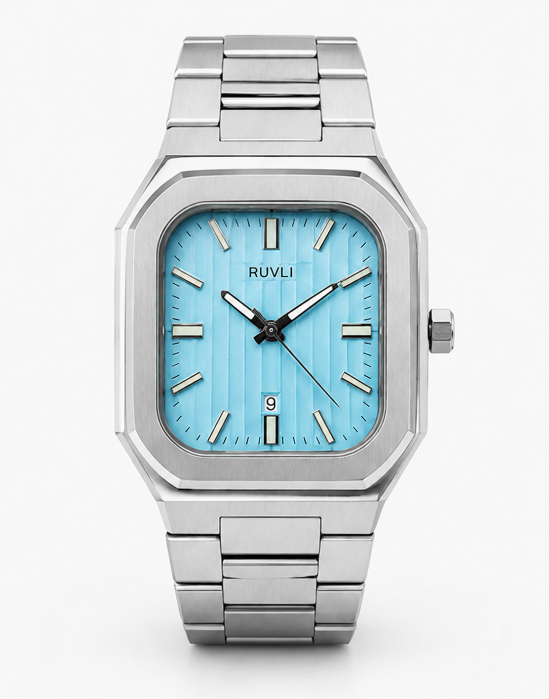 RUVLI Men's Stainless Steel Quartz Watch Blue Dial Date Display 5ATM