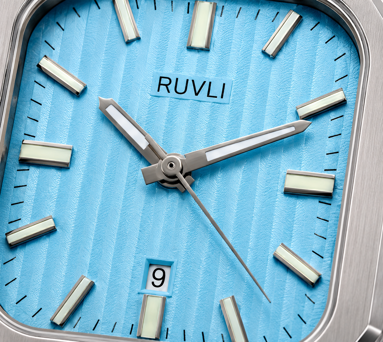 RUVLI Men's Stainless Steel Quartz Watch Blue Dial Date Display 5ATM